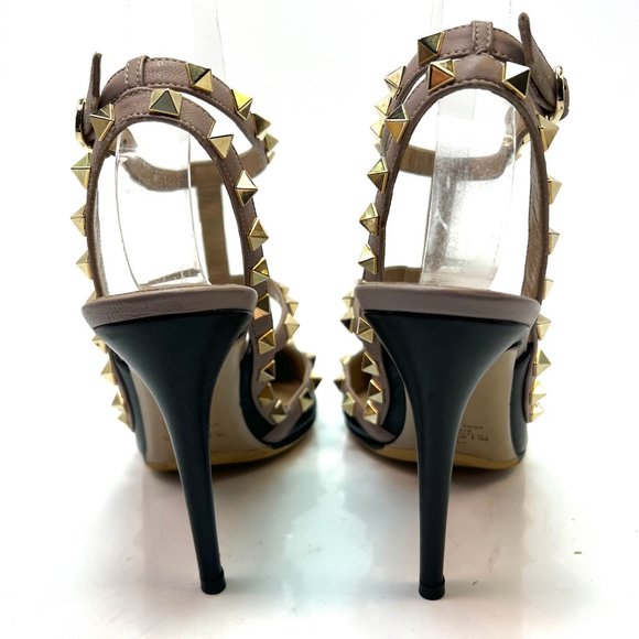 Valentino Garavani Rockstud Studded Black Beige Leather Pumps 38 - Picture 5 of 7